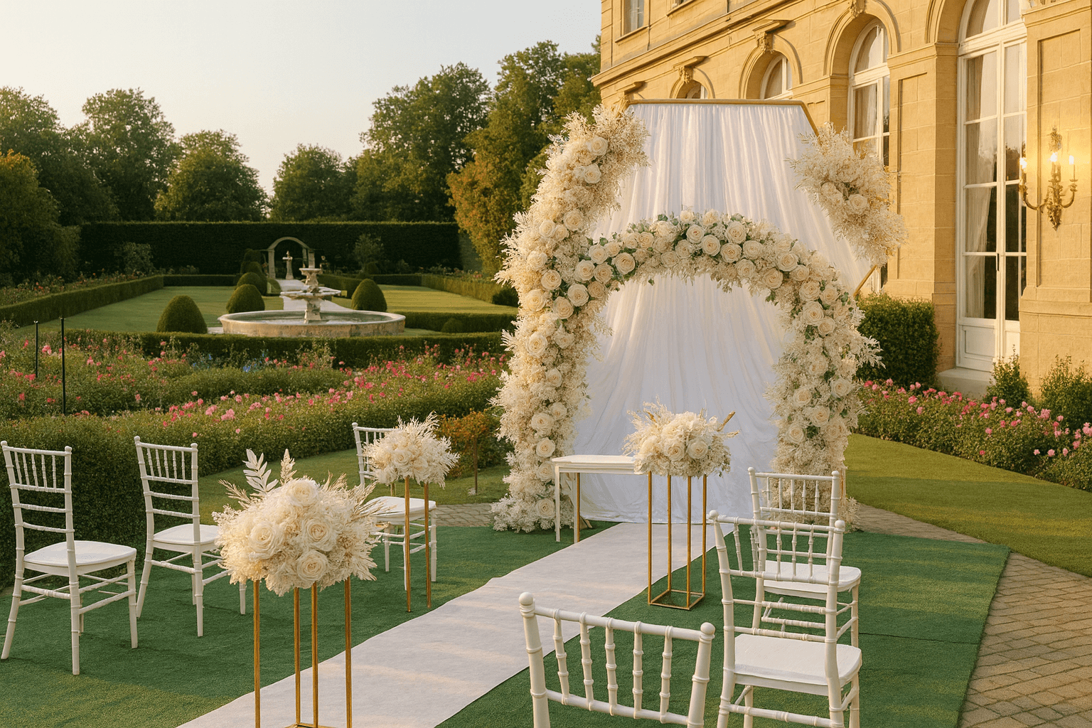 Masa cununie civila decorata cu flori albe si decor elegant, ceremonie in aer liber PIM MOOD Events